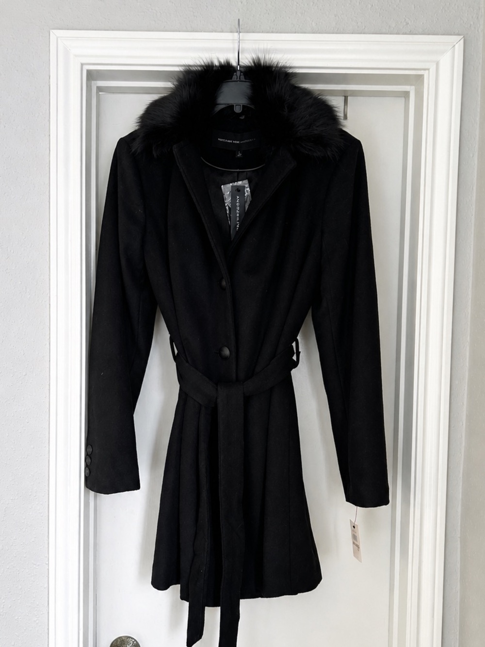 Andrew Marc Black Wool Blend Fox Fur Hooded Belted Coat NWT 12